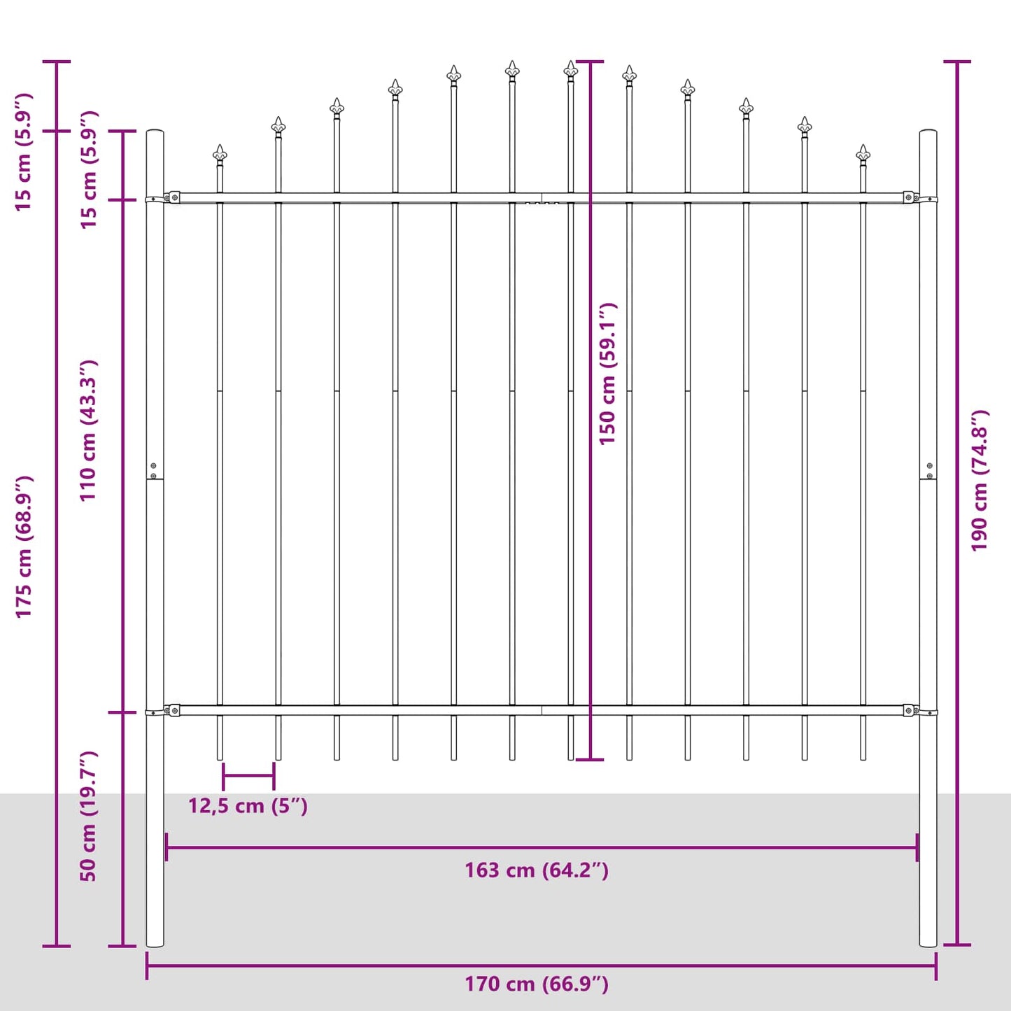 Gartenzaun WOERDEN 170 x 190 cm Pulverbeschichteter Stahl Grau