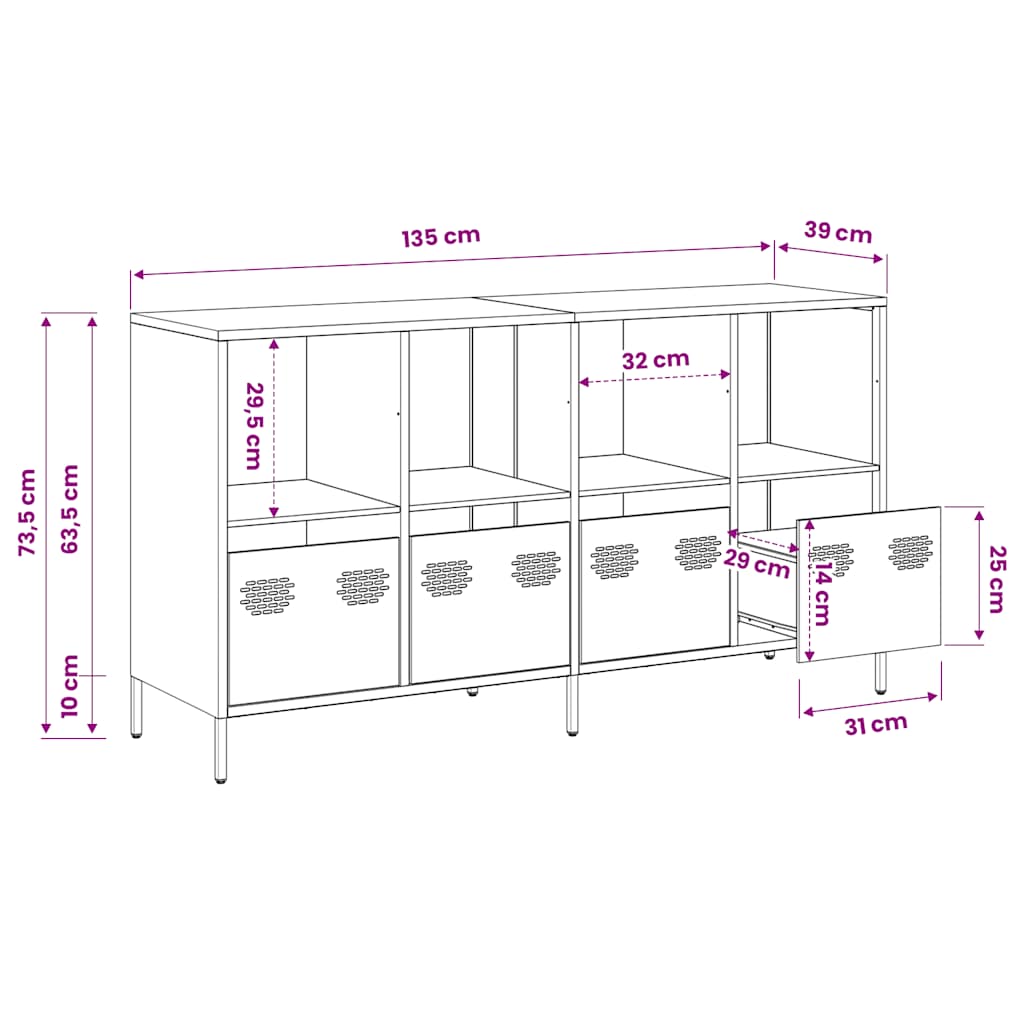 Sideboard Weiß 135x39x73,5 cm Kaltgewalzter Stahl