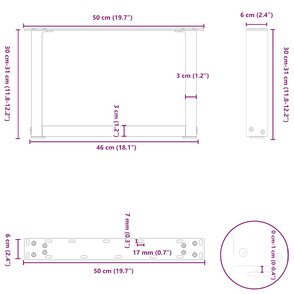 Pieds de table basse en U, 2 pièces, blanc, 50 x 30-31 cm, acier