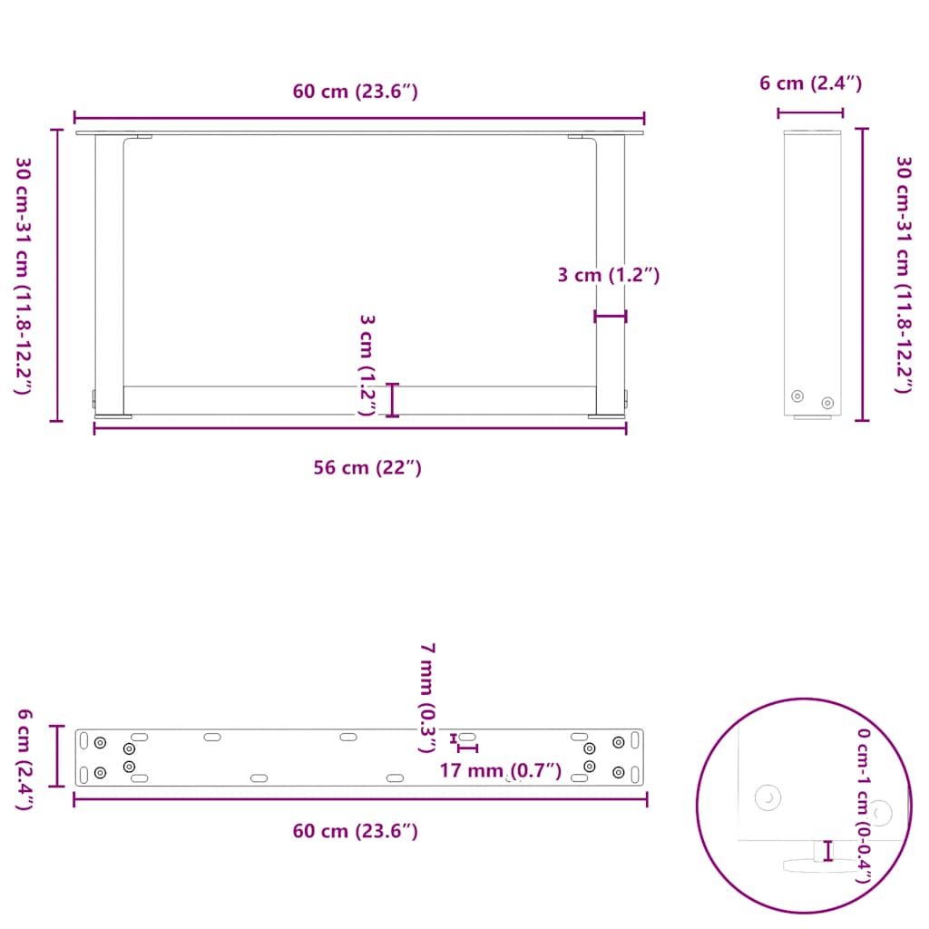 Pieds de table basse en U, 2 pièces, blanc, 60 x 30-31 cm, acier