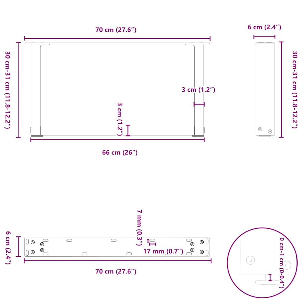 Pieds de table basse en U, 2 pièces, blanc, 70 x 30-31 cm, acier