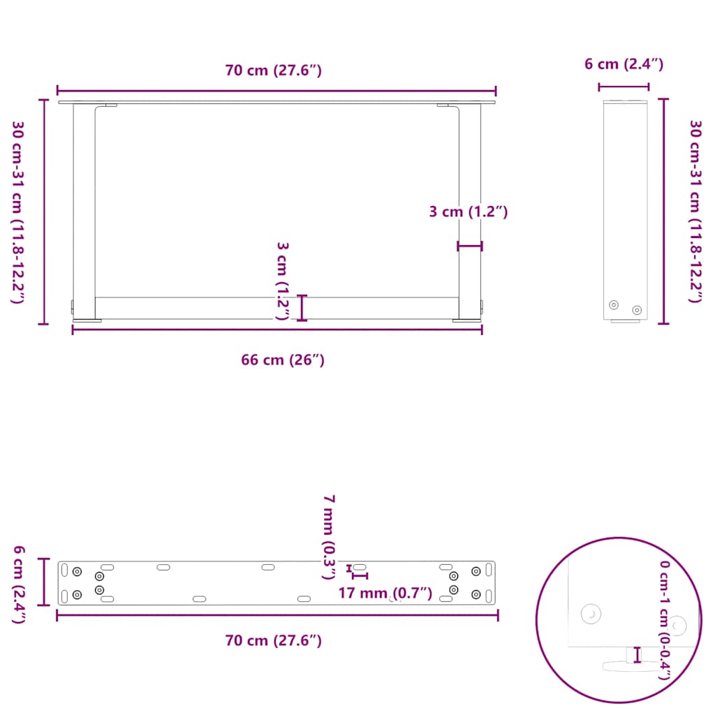 Pieds de table basse en U, 2 pièces, acier naturel, 70 x (30-31) cm