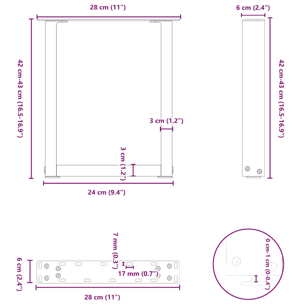 Pieds de table basse en U, 2 pièces, noir, 28 x 42-43 cm, acier