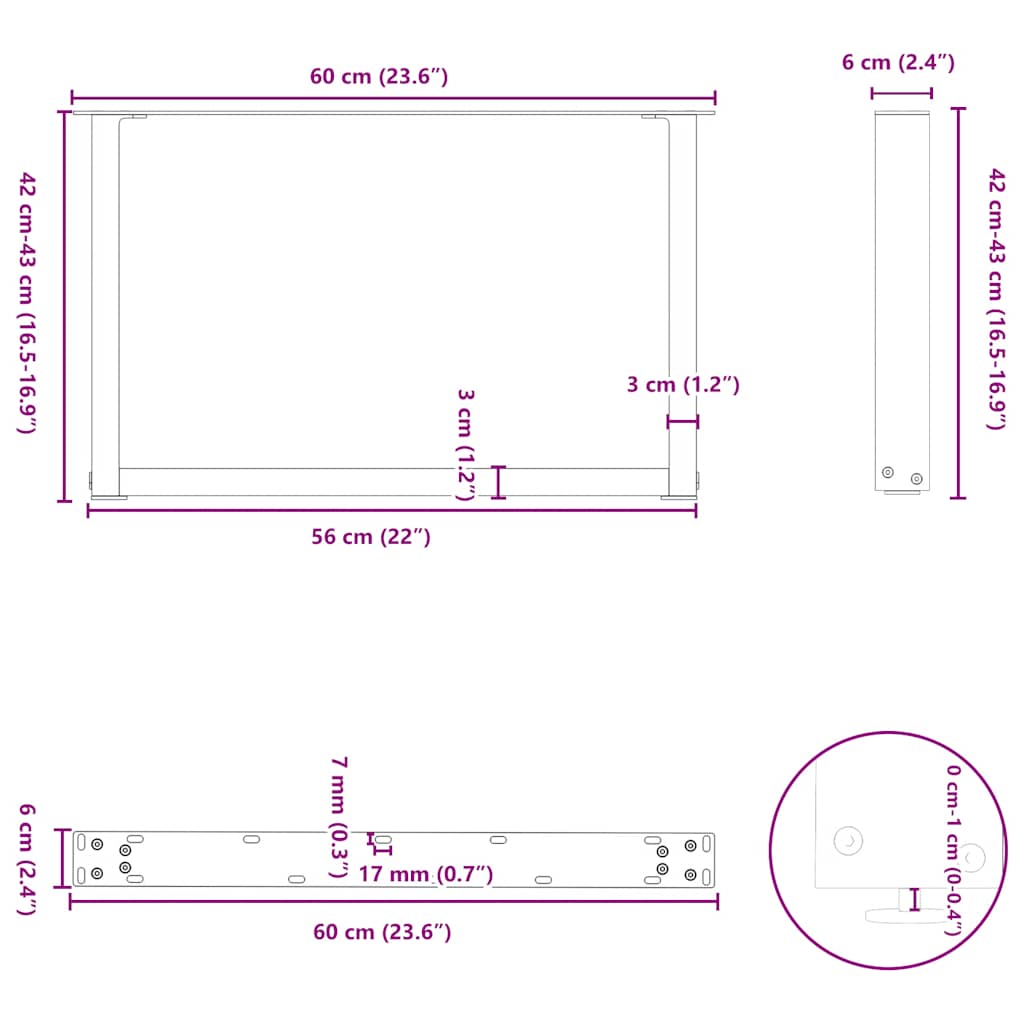 Pieds de table basse en U, 2 pièces, blanc, 60 x 42-43 cm, acier