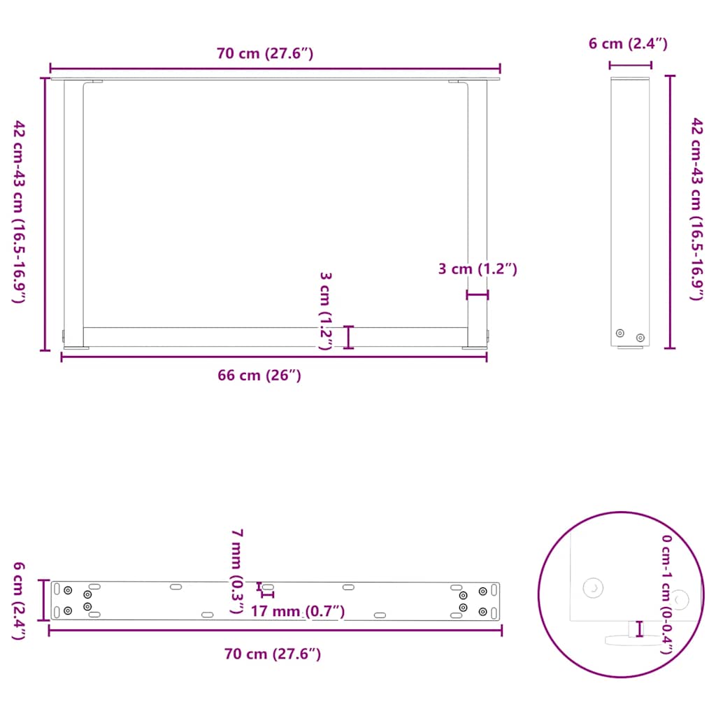 Pieds de table basse en U, 2 pièces, acier naturel, 70 x (42-43) cm