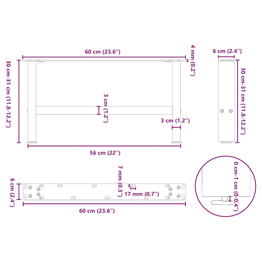 Pieds de table basse anthracite 2 pièces 60x(30-31) cm acier
