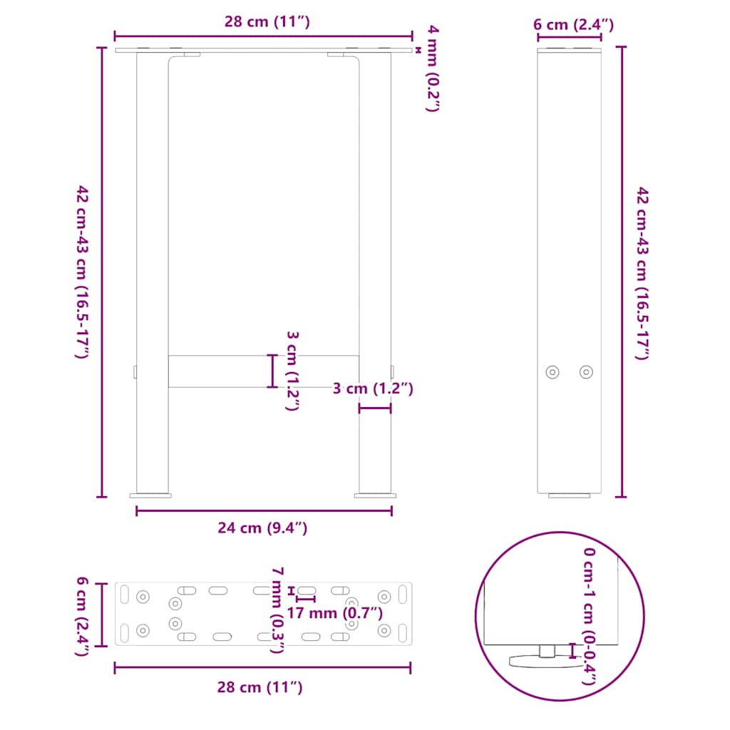 Pieds de table basse en acier naturel, 2 pièces, 28 x (42-43) cm