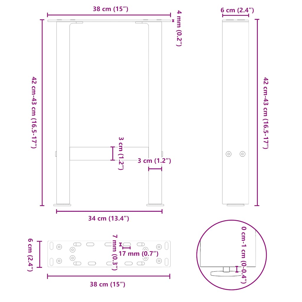 Pieds de table basse en acier naturel, 2 pièces, 38 x (42-43) cm
