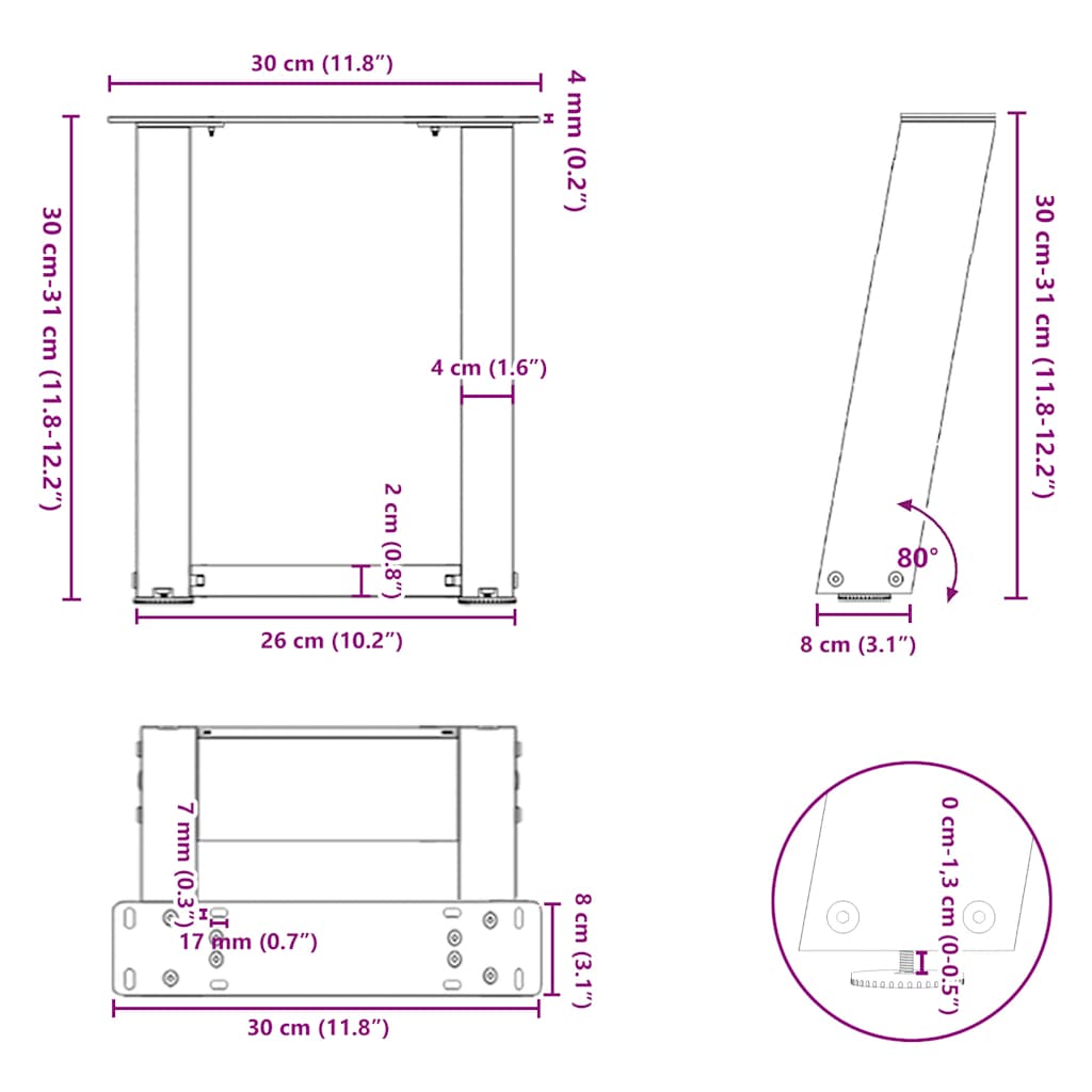 Pieds de table basse en U, 2 pièces, noir, 30 x 30-31 cm, acier