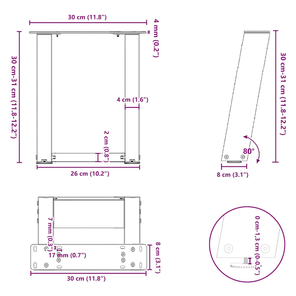Pieds de table basse en U, 2 pièces, anthracite, 30 x 30-31 cm, acier