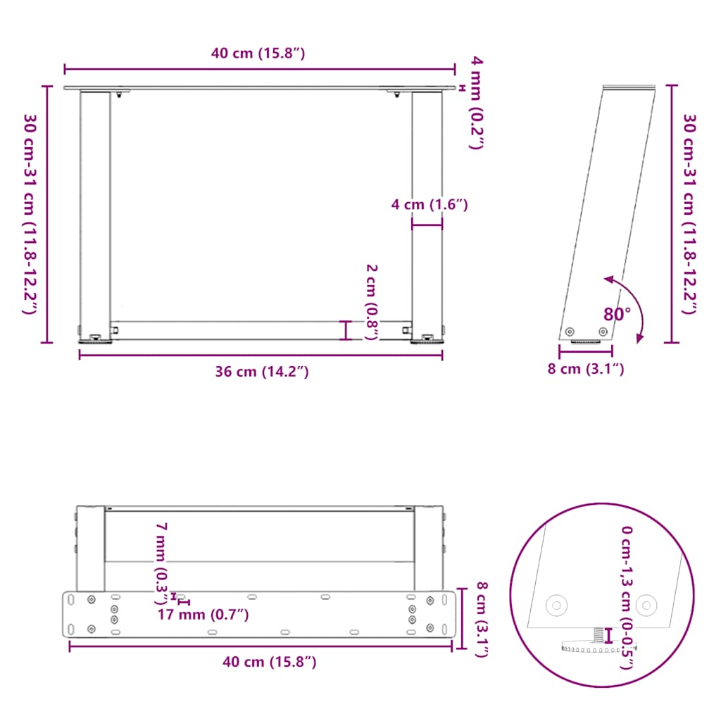Pieds de table basse en U, 2 pièces, blanc, 40 x 30-31 cm, acier