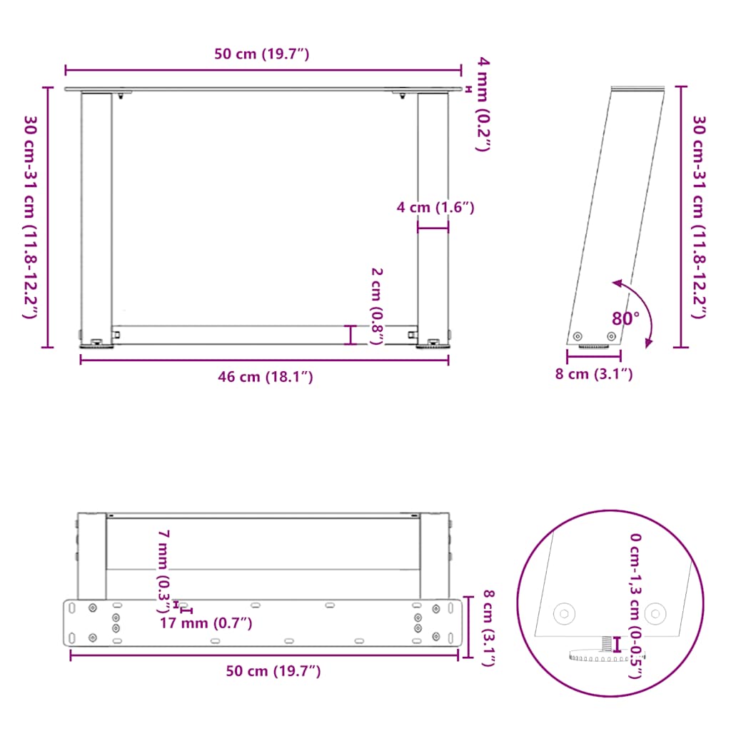 Pieds de table basse en U, 2 pièces, blanc, 50 x 30-31 cm, acier