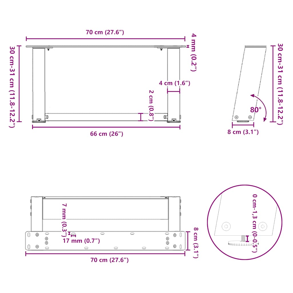 Pieds de table basse en U, 2 pièces, noir, 70 x 30-31 cm, acier