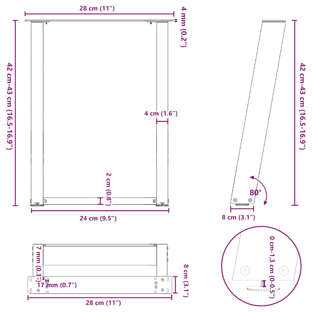 Pieds de table basse en U, 2 pièces, noir, 28 x 42-43 cm, acier