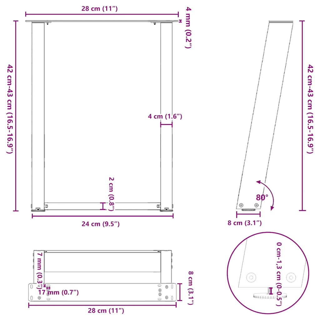 Pieds de table basse en U, 2 pièces, blanc, 28 x 42-43 cm, acier