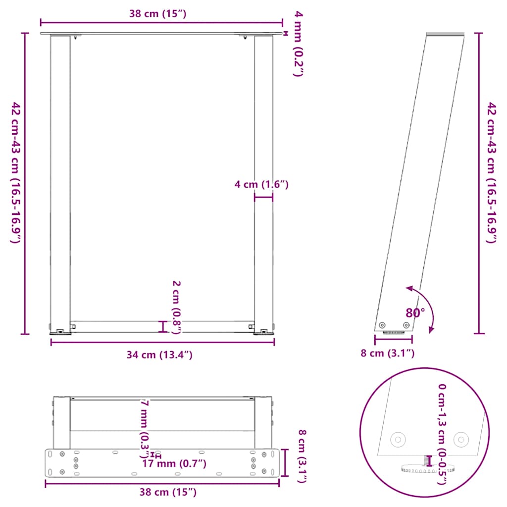 Pieds de table basse en U, 2 pièces, blanc, 38 x 42-43 cm, acier