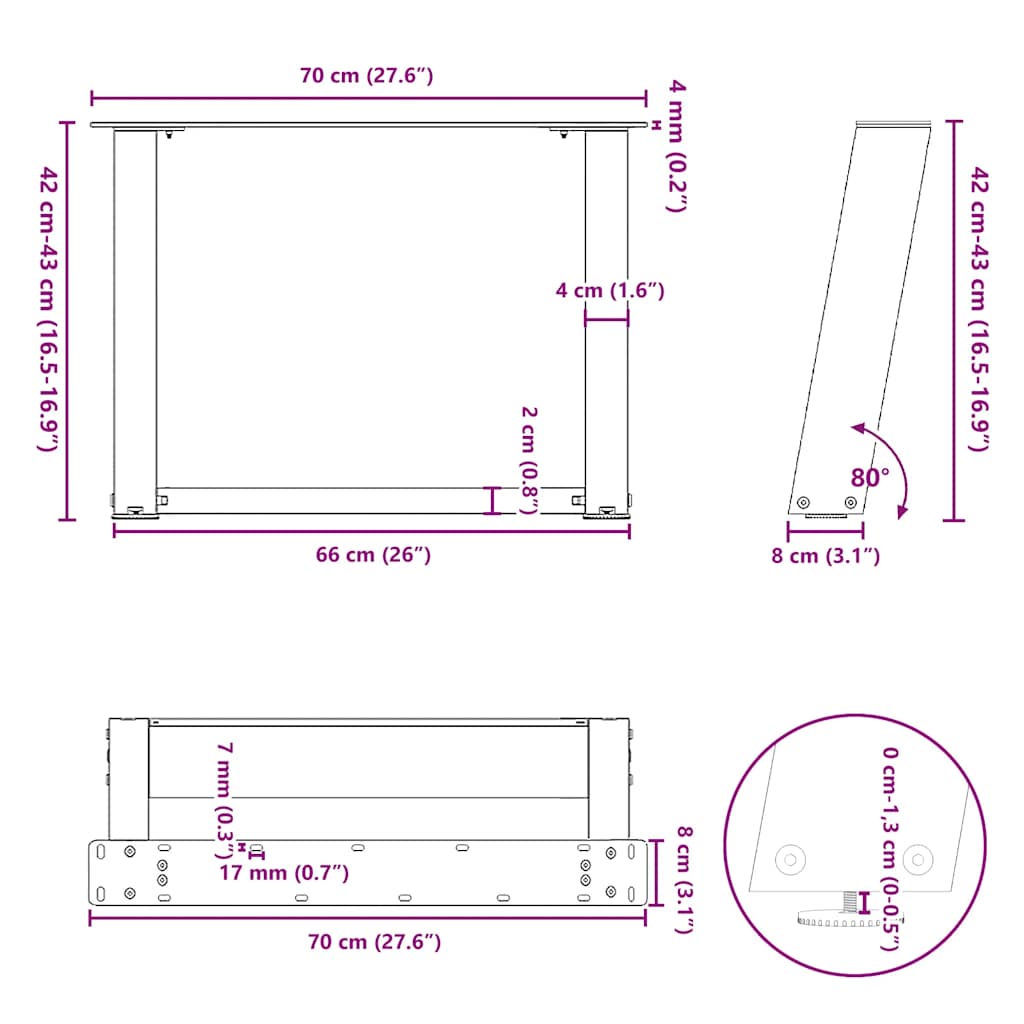Pieds de table basse en U, 2 pièces, blanc, 70 x 42-43 cm, acier