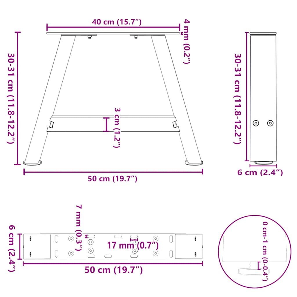 Pieds de table basse en forme de A, 2 pièces, 50 x (30-31) cm, acier