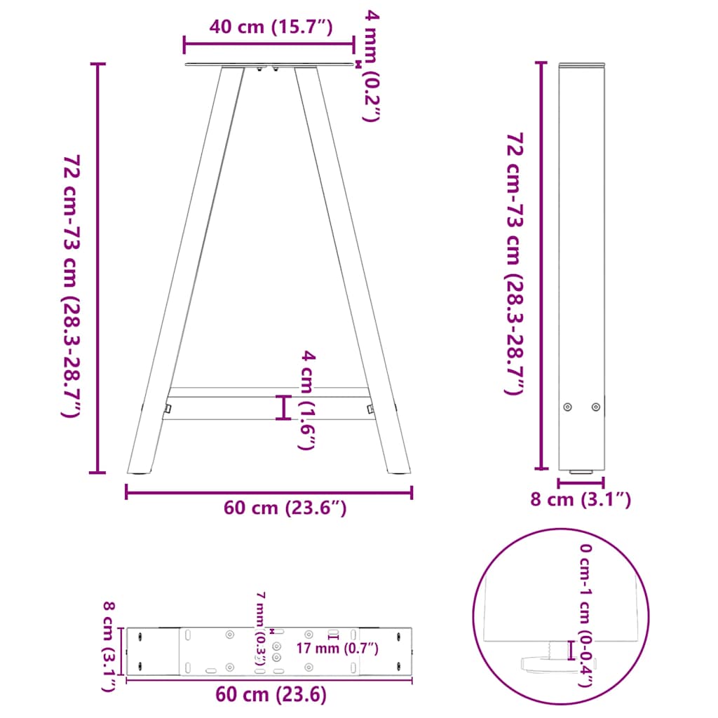 Pieds de table à manger en forme de A, 2 pièces, anthracite, 60 x 72-73 cm, acier