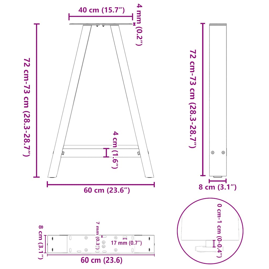 Pieds de table à manger en forme de A, 2 pièces, 60 x (72-73) cm, acier