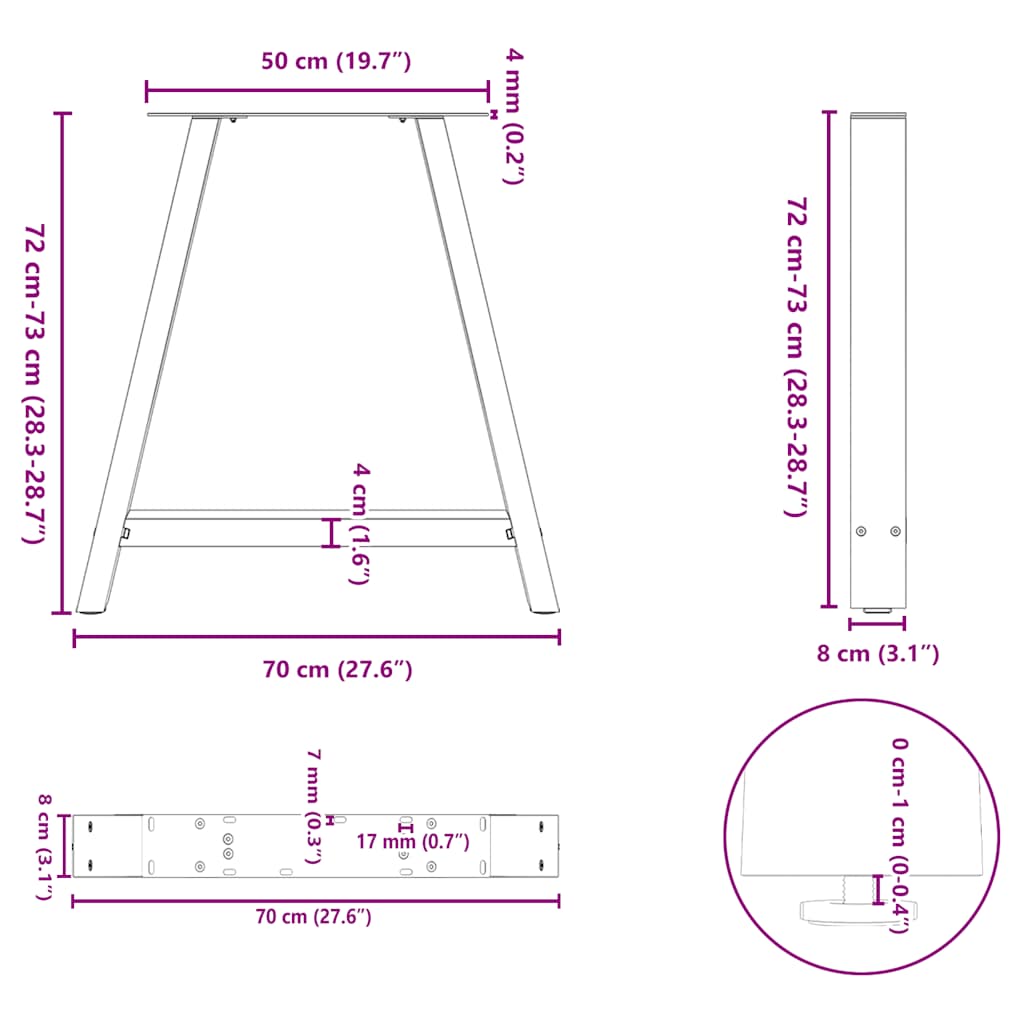 Pieds de table à manger en forme de A, 2 pièces, 70 x (72-73) cm, acier