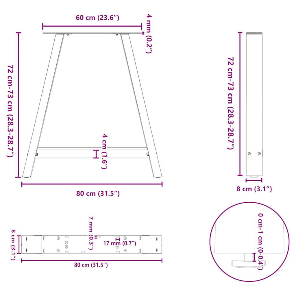 Pieds de table à manger en forme de A, 2 pièces, anthracite, 80 x (72-73) cm, acier