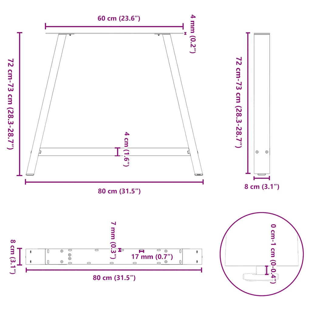 Pieds de table à manger en forme de A, 2 pièces, anthracite, 90 x (72-73) cm, acier