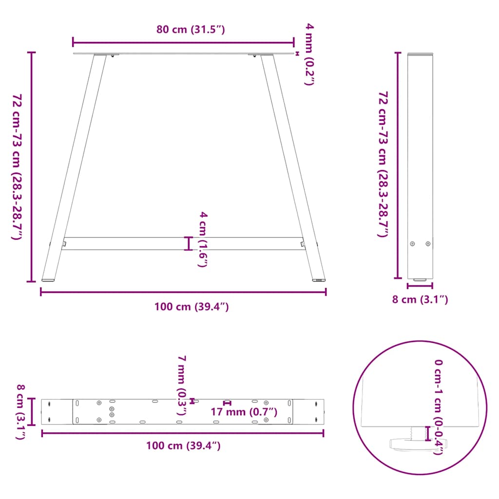 Pieds de table à manger en forme de A, 2 pièces, noir, 100 x (72-73) cm, acier