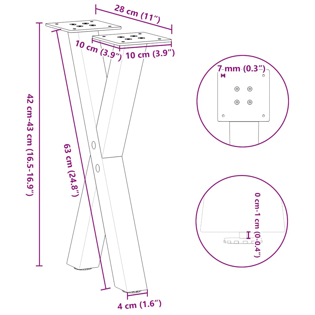 Pieds de table basse en forme de X, 2 pièces, noir, 28 x 42-43 cm, acier