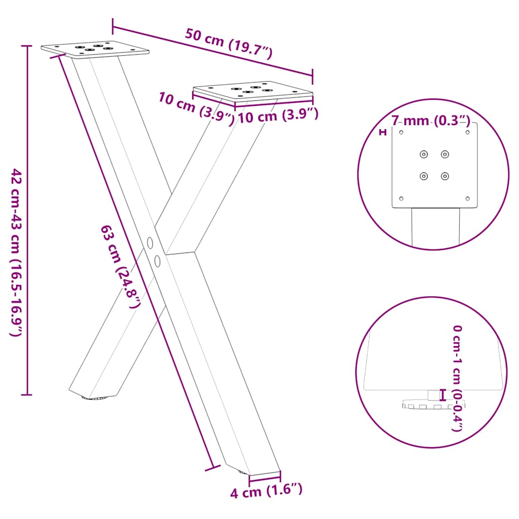 Pieds de table basse en forme de X, 2 pièces, noir, 38 x 42-43 cm, acier