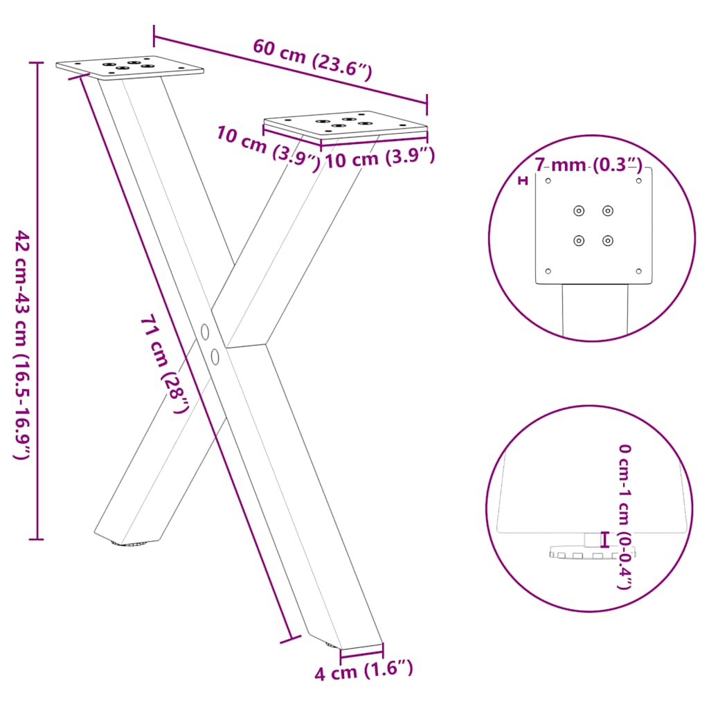 Coffee table legs X-shape 2 pcs. natural steel 60x(42-43) cm steel