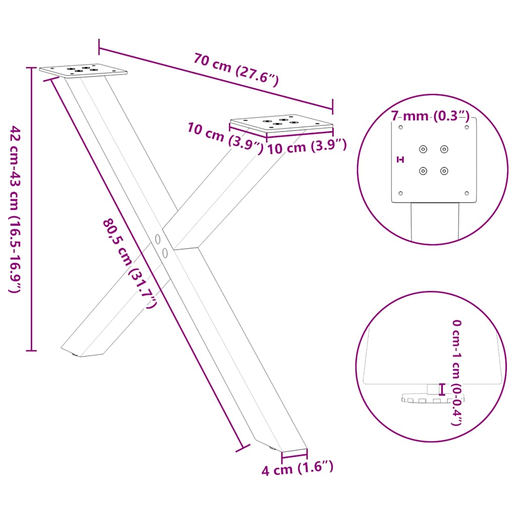 Pieds de table basse en forme de X, 2 pièces, noir, 70 x 42-43 cm, acier