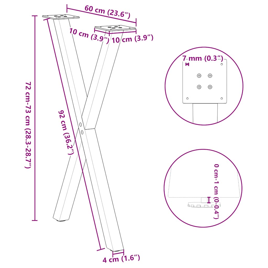 Pieds de table à manger en forme de X, 2 pièces, anthracite, 57 x 72-73 cm, acier