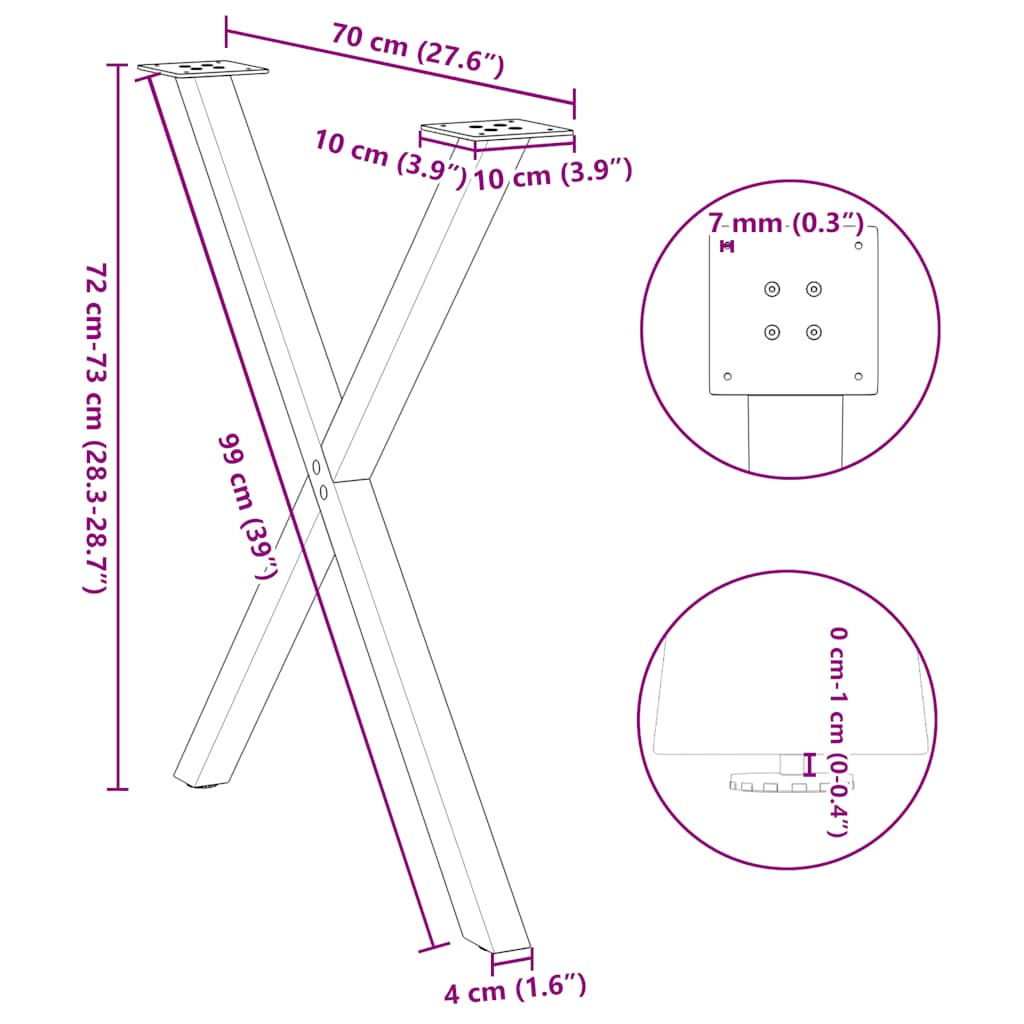 Pieds de table à manger en forme de X, 2 pièces, anthracite, 80 x (72-73) cm, acier