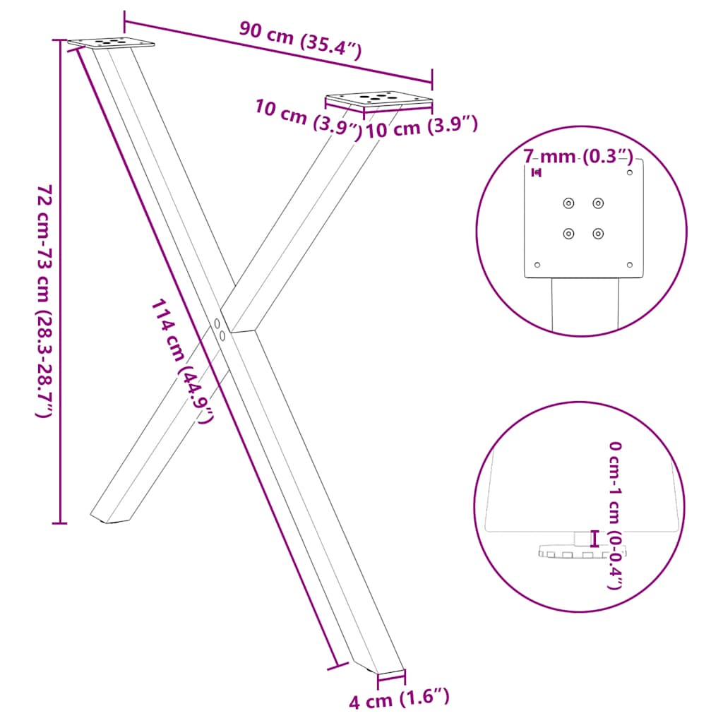 Pieds de table à manger en forme de X, 2 pièces, blanc, 90 x (72-73) cm, acier