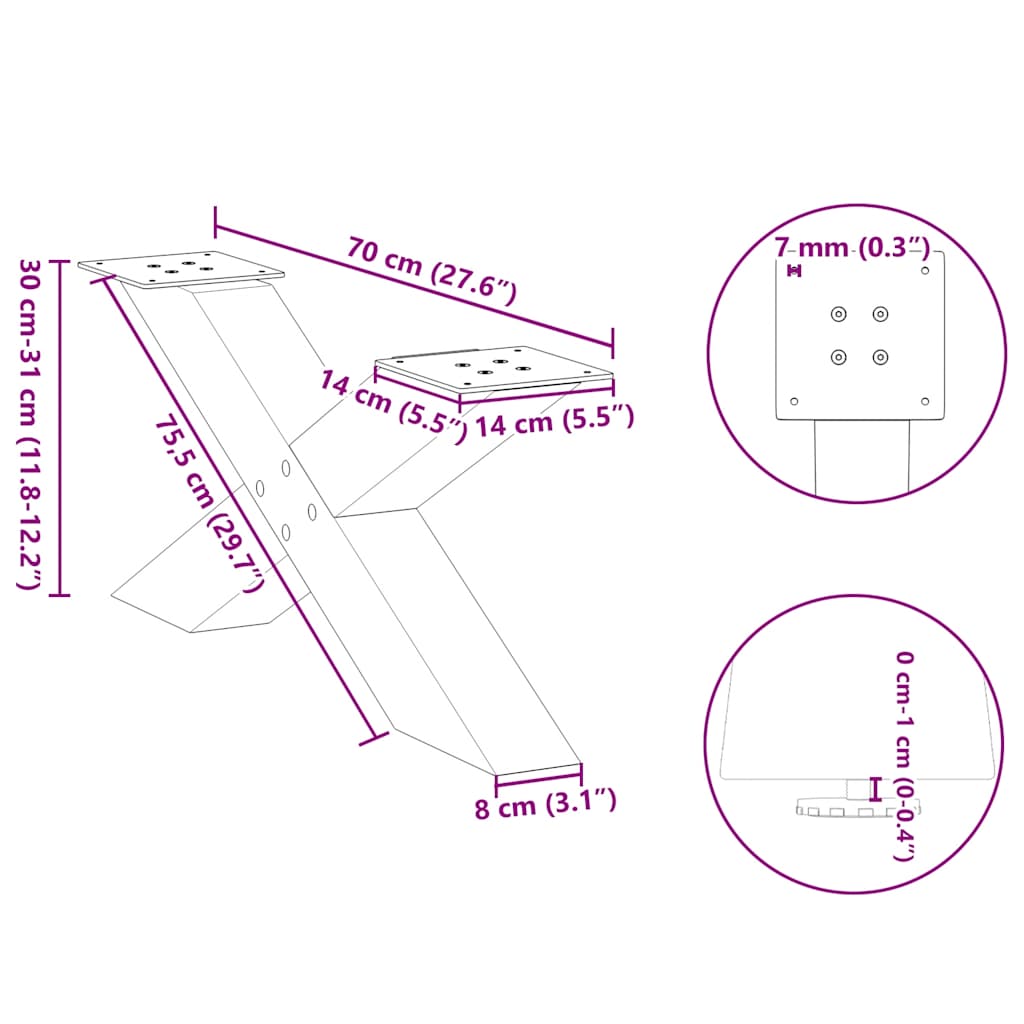 Pieds de table basse en forme de X, 2 pièces, blanc, 70 x 30-31 cm, acier