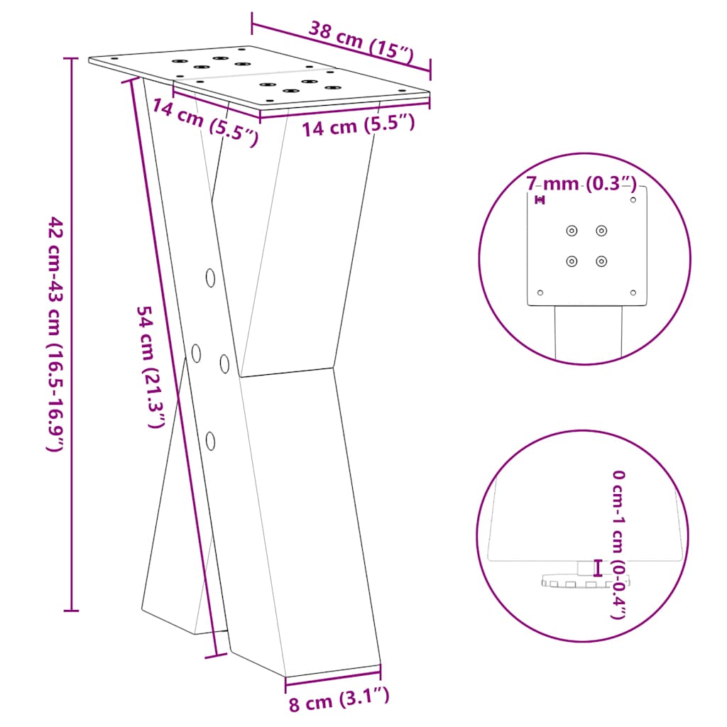 Pieds de table basse en forme de X, 2 pièces, blanc, 38 x 42-43 cm, acier