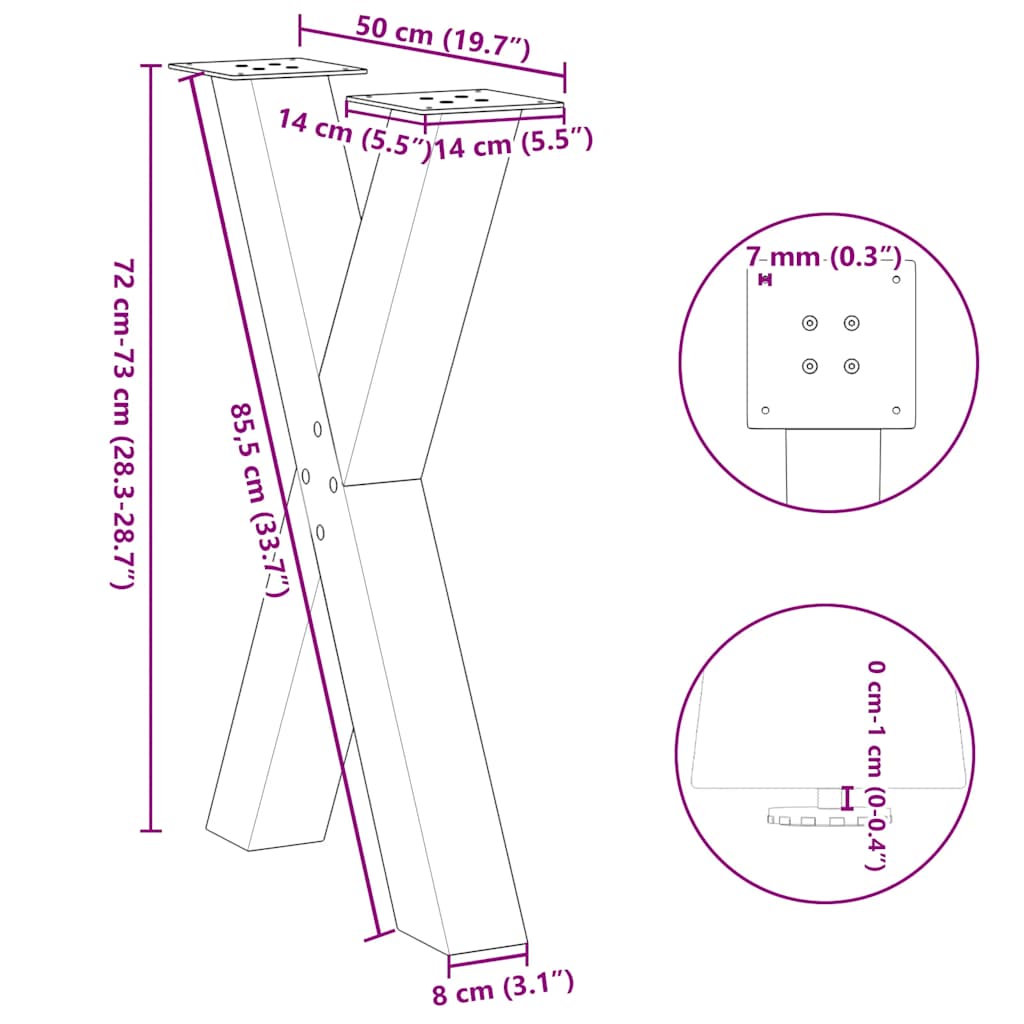 Pieds de table à manger en forme de X, 2 pièces, noir, 50 x 72-73 cm, acier