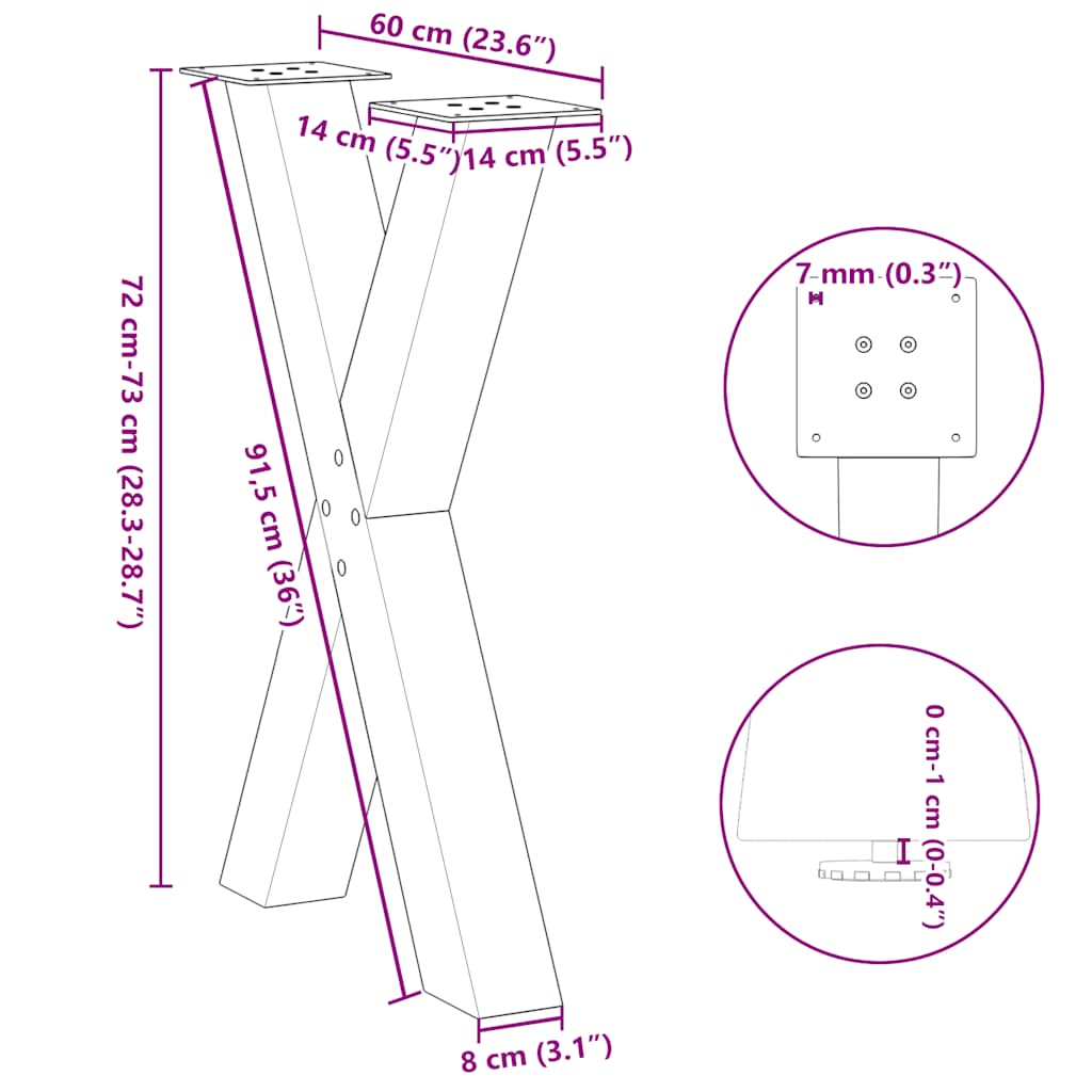 Pieds de table à manger en forme de X, 2 pièces, anthracite, 60 x 72-73 cm, acier