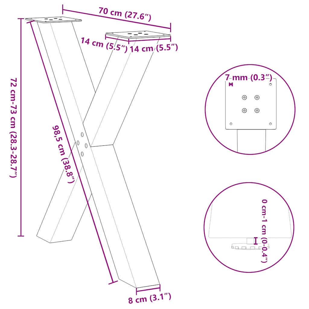 Pieds de table à manger en forme de X, 3 pièces, blanc, 70 x 72-73 cm, acier