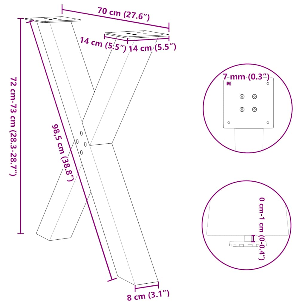 Pieds de table à manger en forme de X, 3 pièces, anthracite, 70 x (72-73) cm, acier