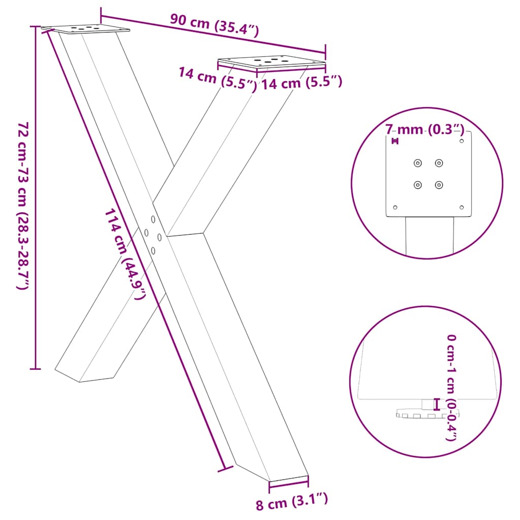 Pieds de table à manger en forme de X, 3 pièces, blanc, 90 x (72-73) cm, acier