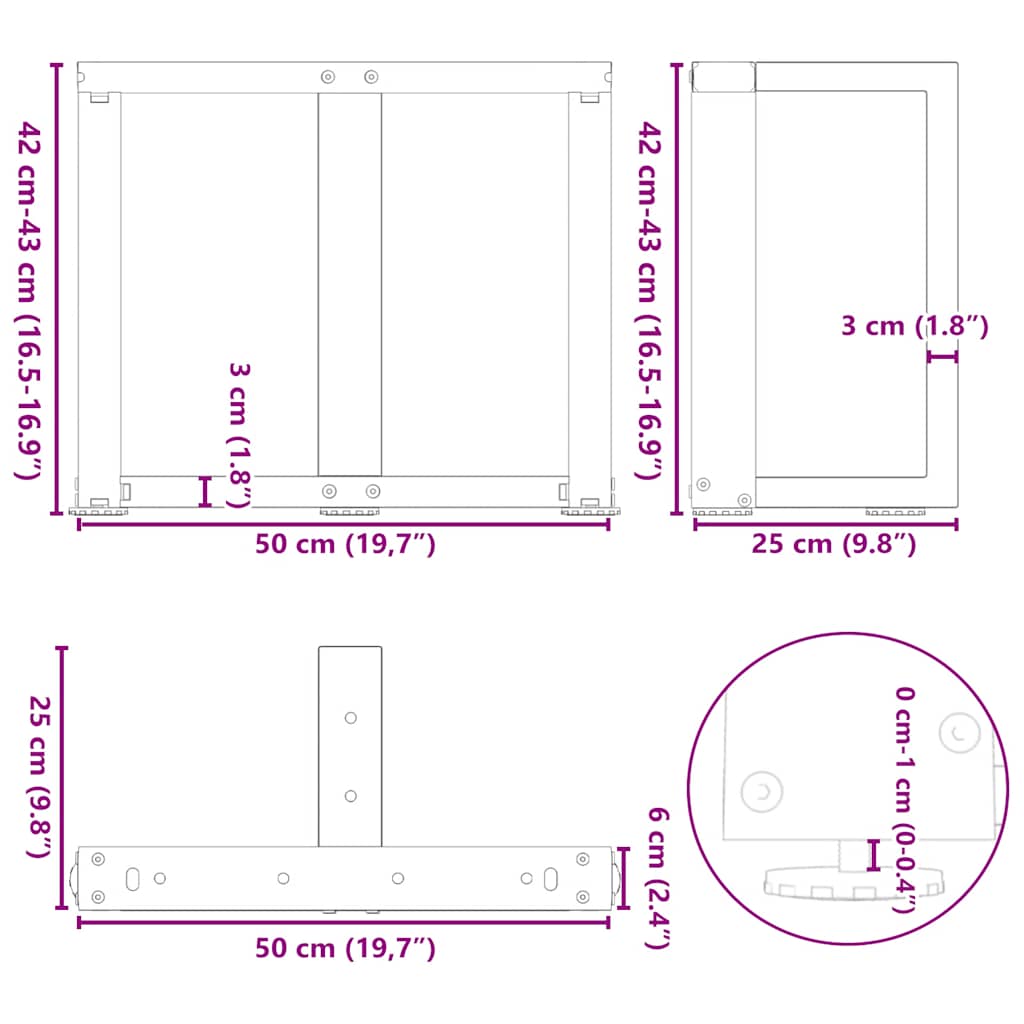 Pieds de table basse en T, 2 pièces, blanc, 50 x 25 x (42-43) cm, acier