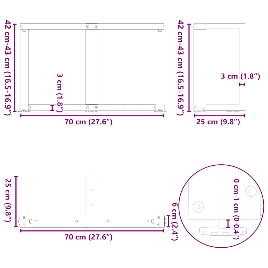 Pieds de table basse en T, 2 pièces, blanc, 70 x 25 x (42-43) cm, acier