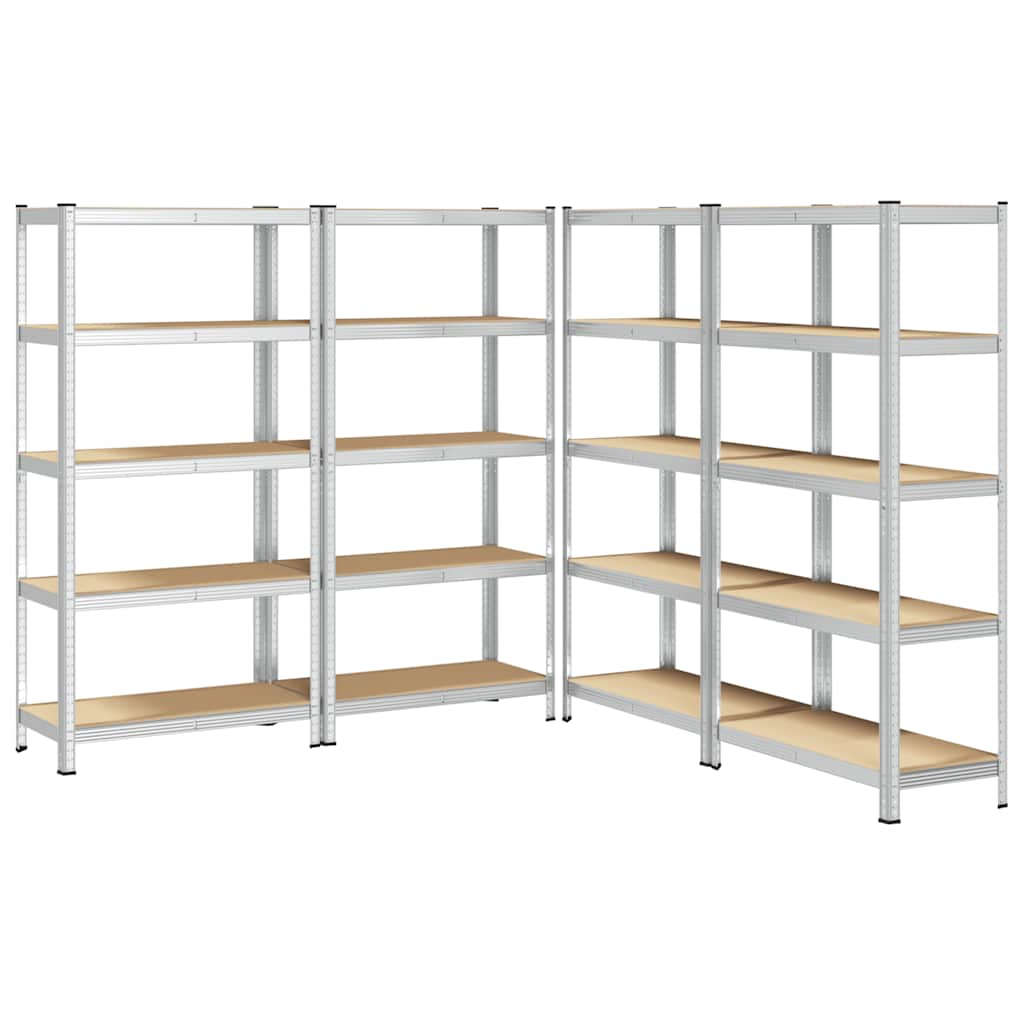 Heavy-duty shelves with 5 shelves, 4 pieces, silver steel, wood-based material