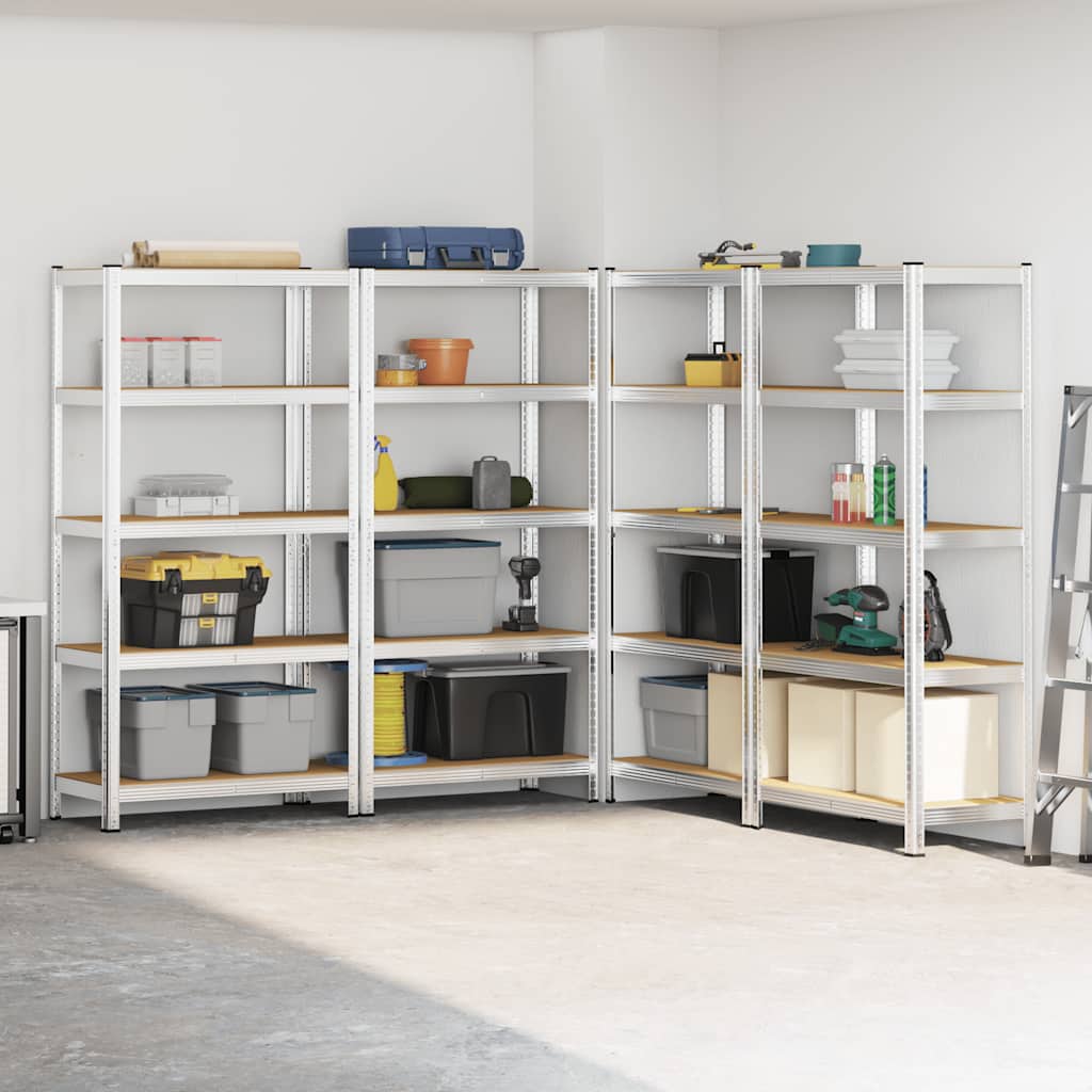 Heavy-duty shelves with 5 shelves, 4 pieces, silver steel, wood-based material