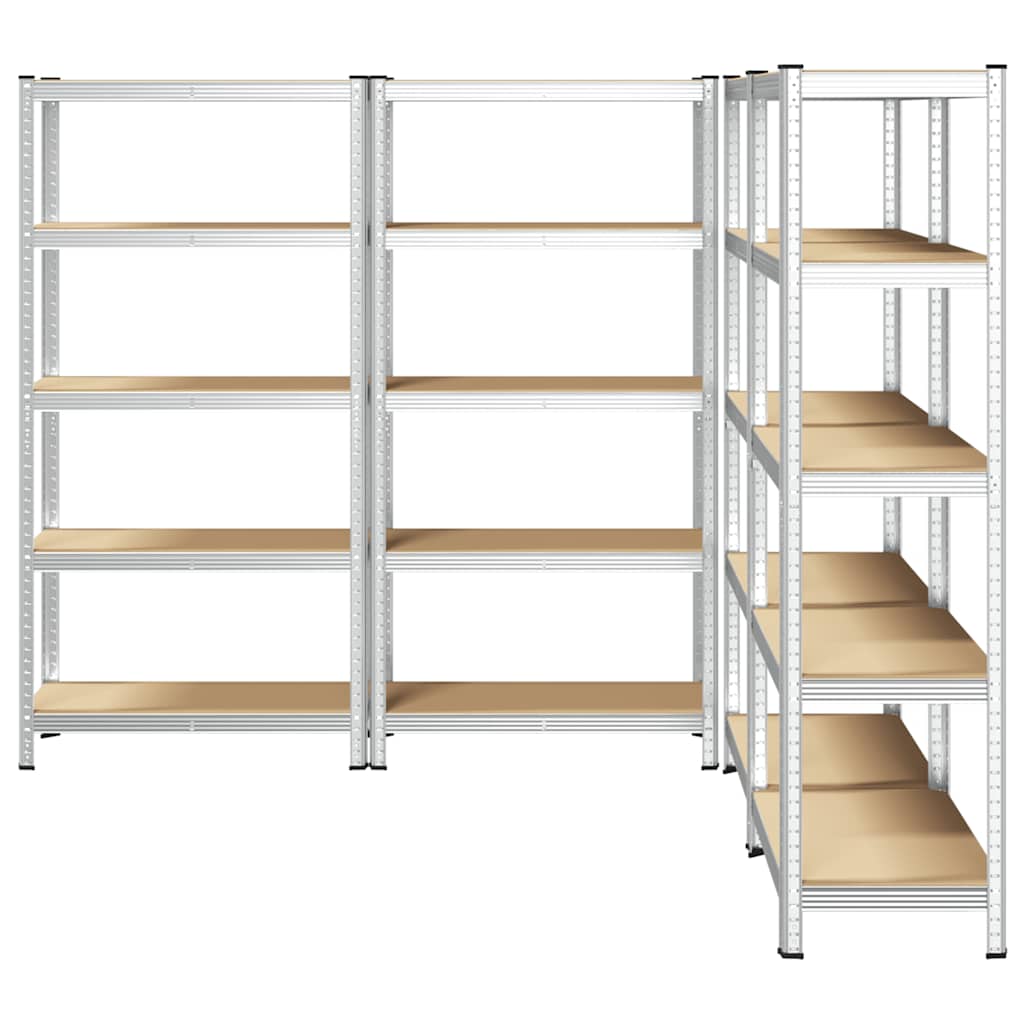 Heavy-duty shelves with 5 shelves, 4 pieces, silver steel, wood-based material
