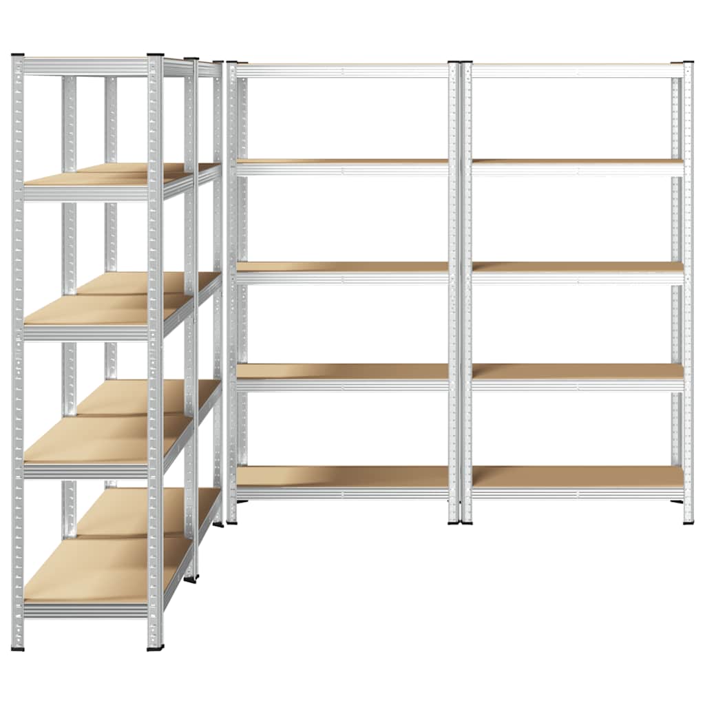 Heavy-duty shelves with 5 shelves, 4 pieces, silver steel, wood-based material