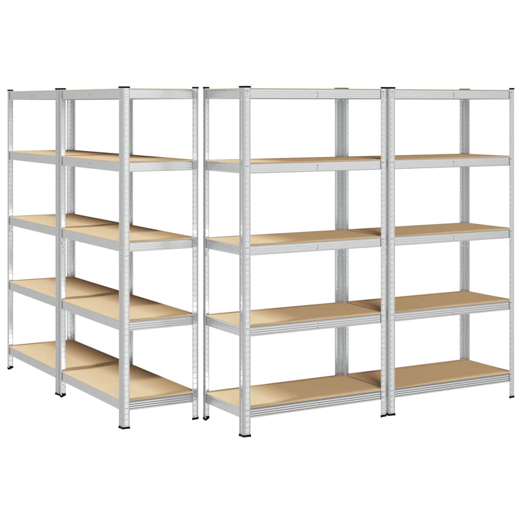 Heavy-duty shelves with 5 shelves, 4 pieces, silver steel, wood-based material