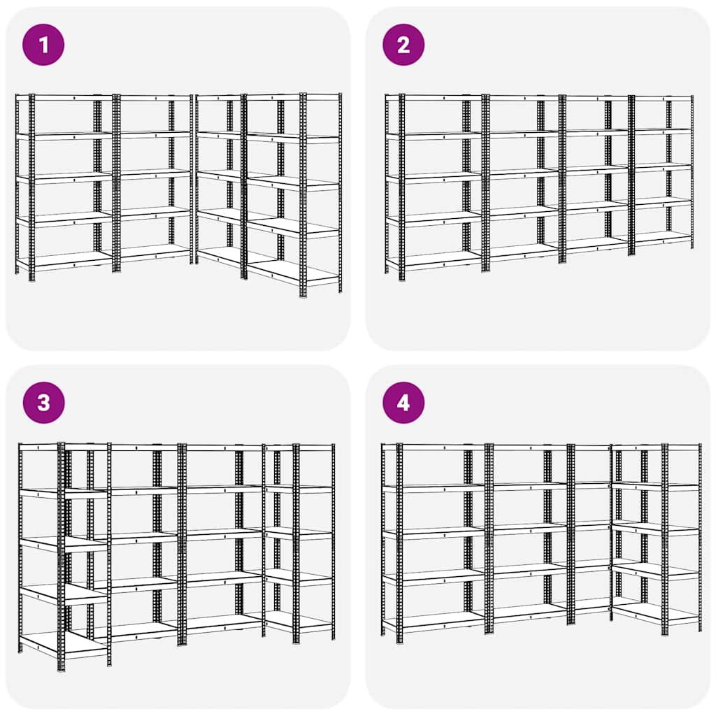 Heavy-duty shelves with 5 shelves, 4 pieces, silver steel, wood-based material